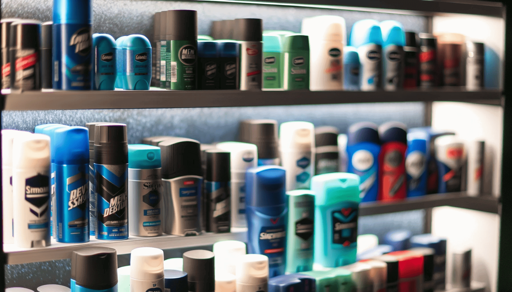 Various deodorant products lined up on a shelf