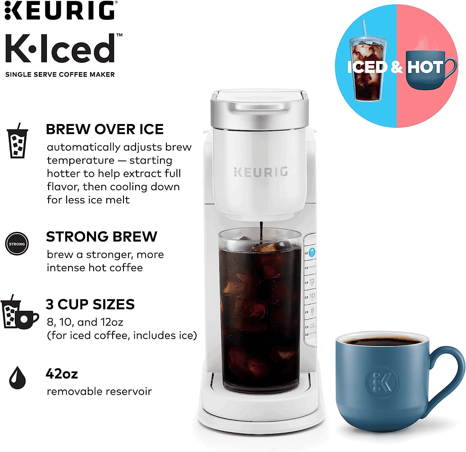 A Keurig K-Iced coffee maker with a cup of iced coffee