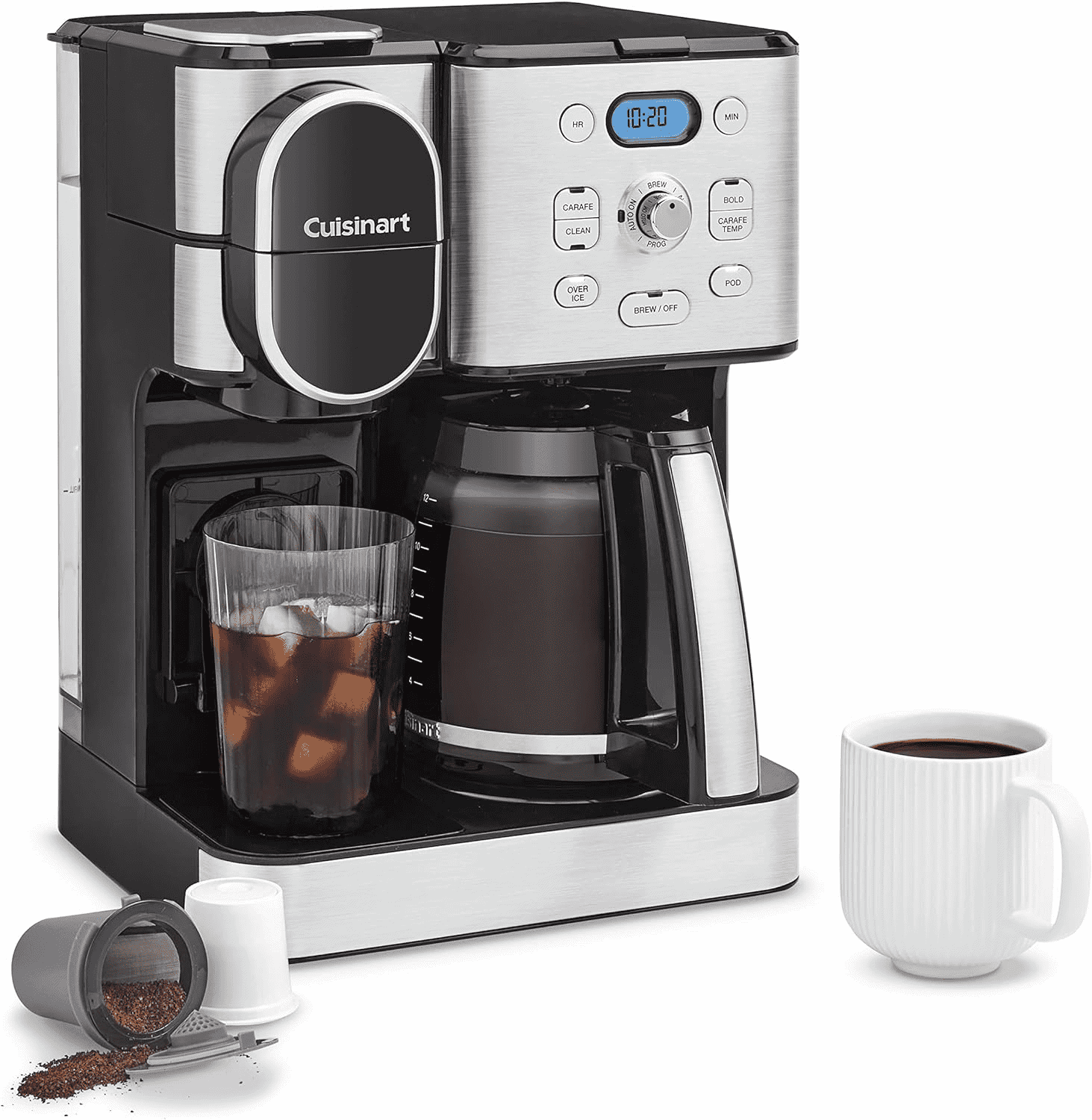 A Cuisinart Coffee Maker with a cup of iced coffee, coffee iced, hot coffee, chilled coffee, good iced coffee, single serve