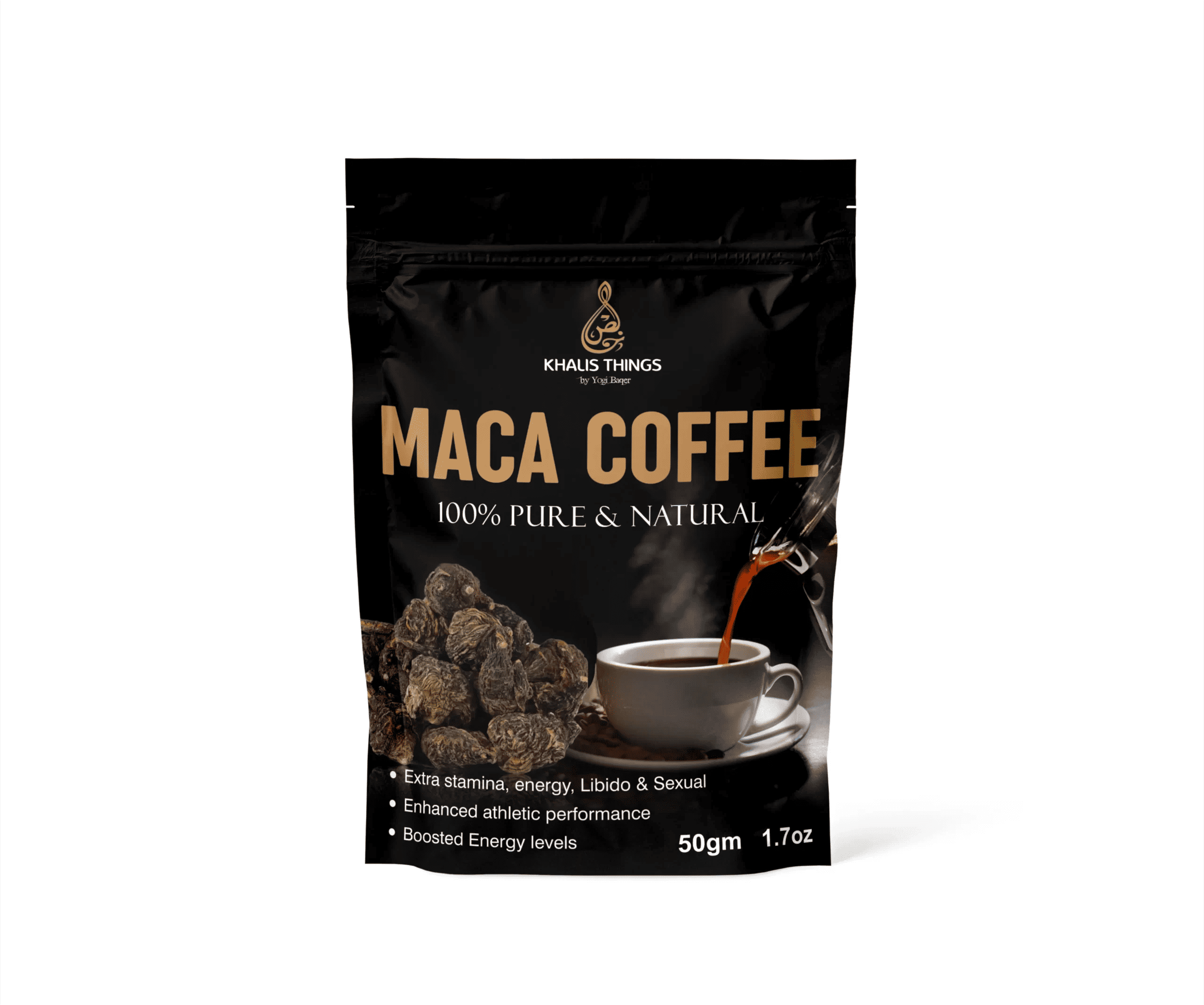 A cup of Maca Coffee with maca root powder, cacao powder and coffee beans, showing the different types of Maca Powder