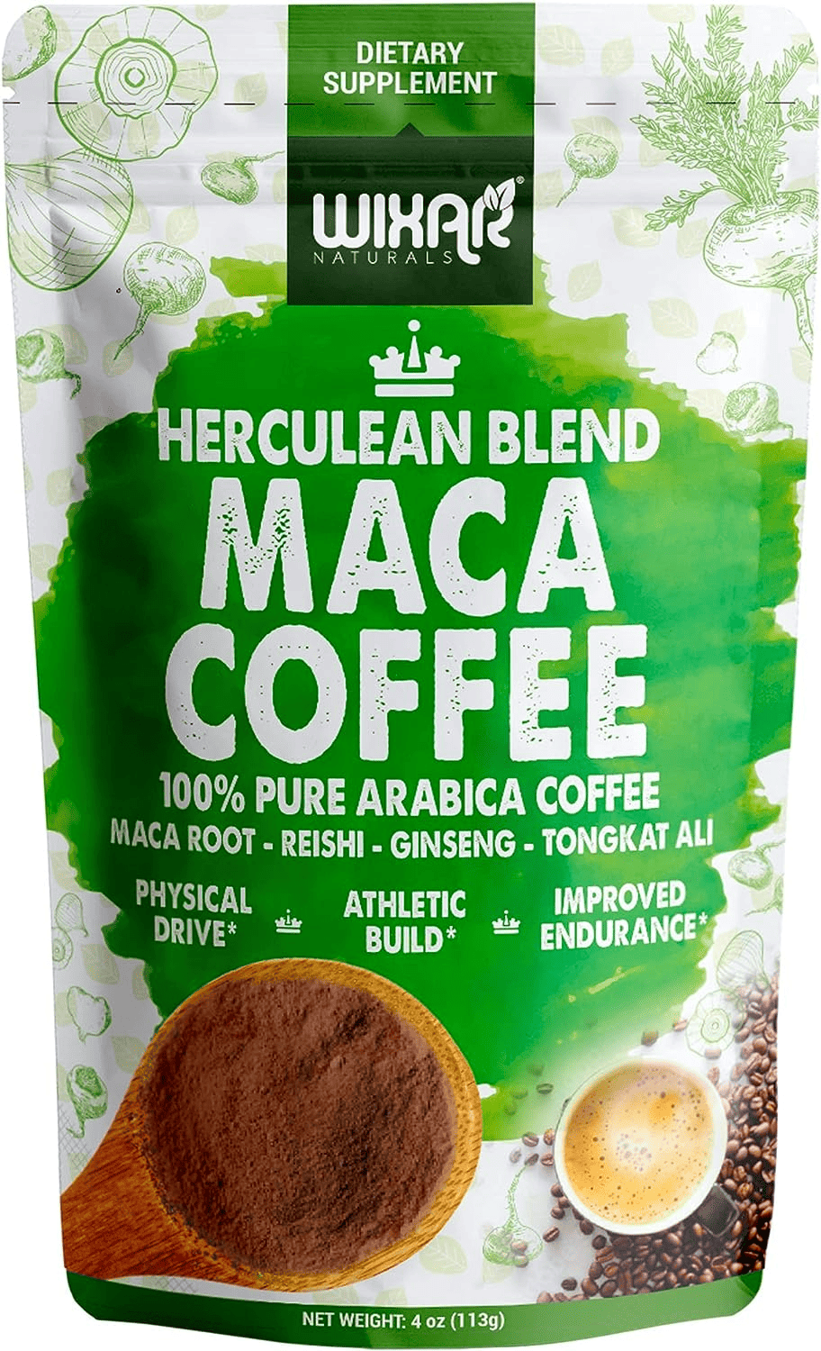 A cup of Maca Coffee with maca root powder, cacao powder and coffee beans