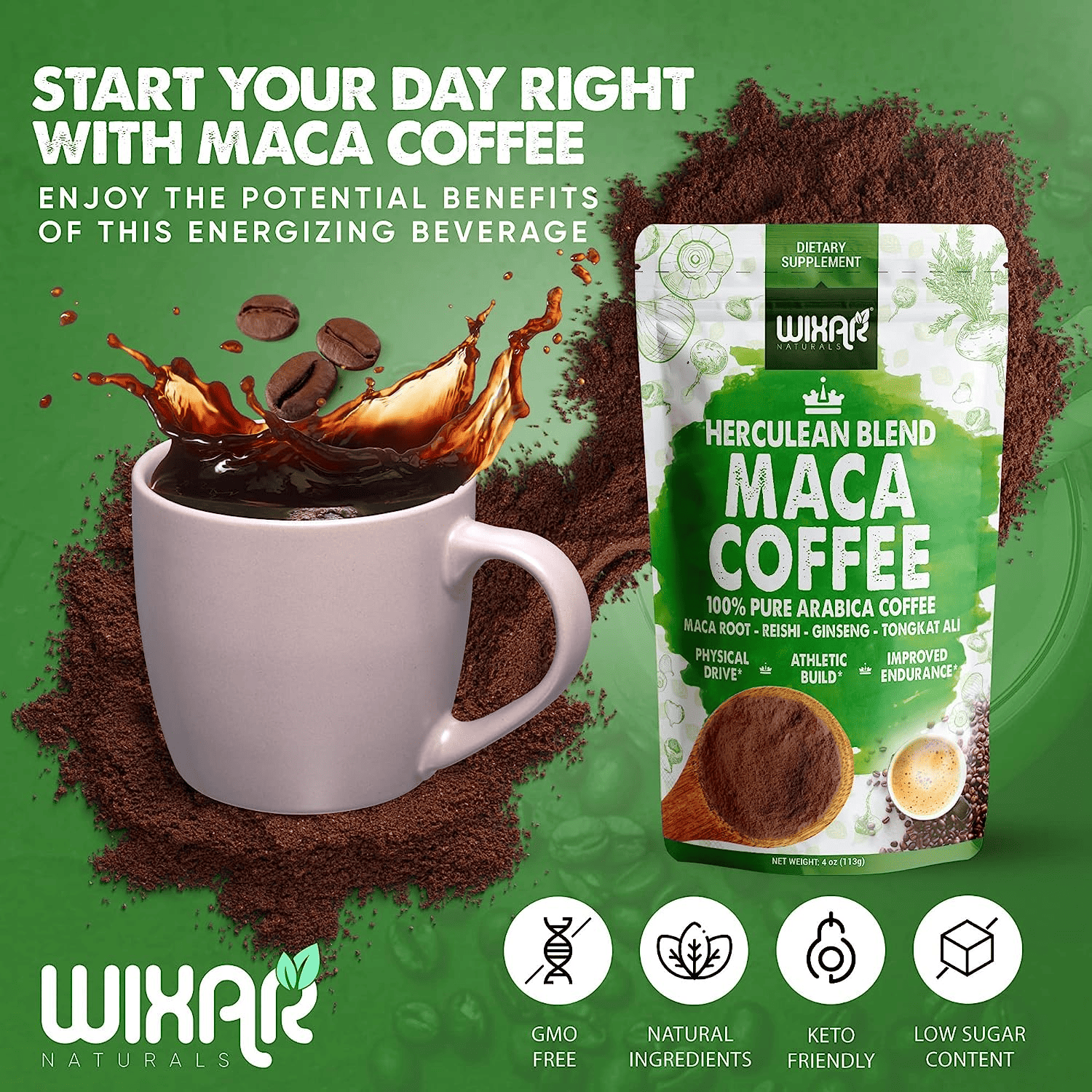 A cup of Maca Coffee with maca root powder, cacao powder and coffee beans, showing how to incorporate Maca into daily routine