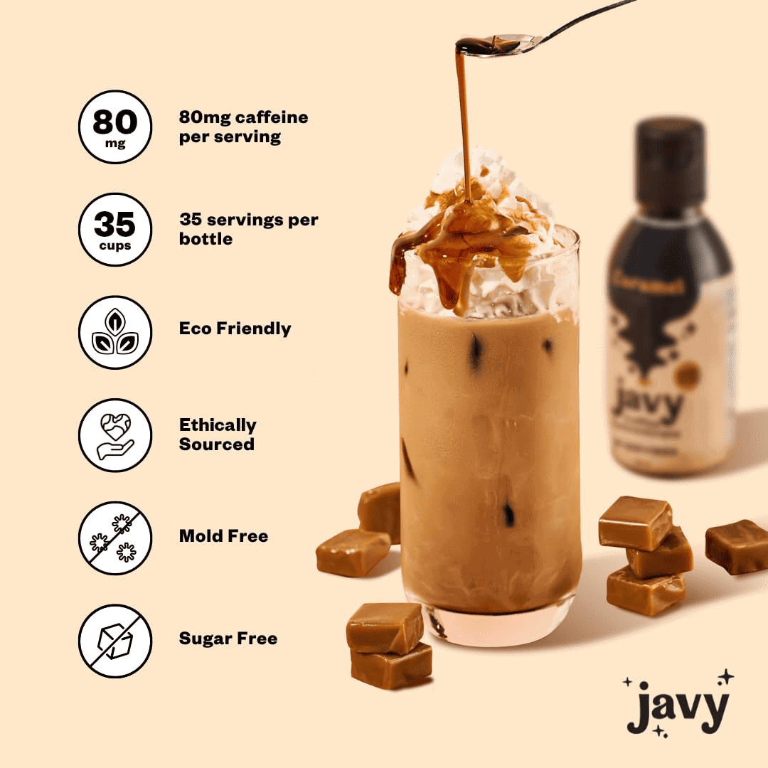 A refreshing glass of iced coffee made instantly with Javy Coffee, the perfect solution for coffee lovers.