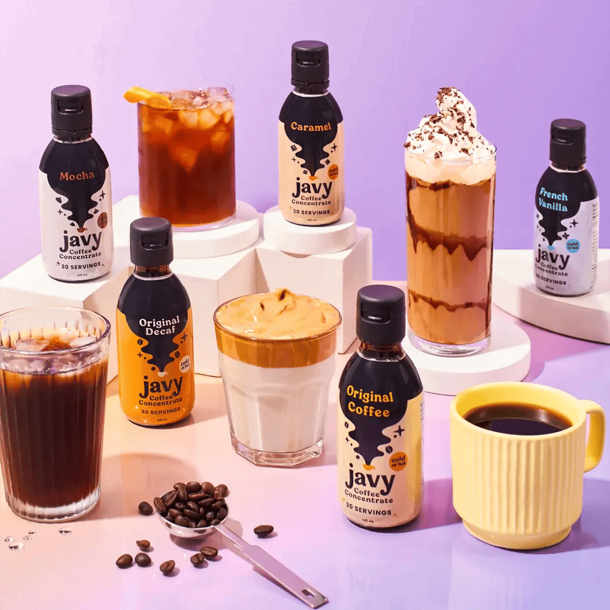 A variety of seasonal flavors of Javy Coffee