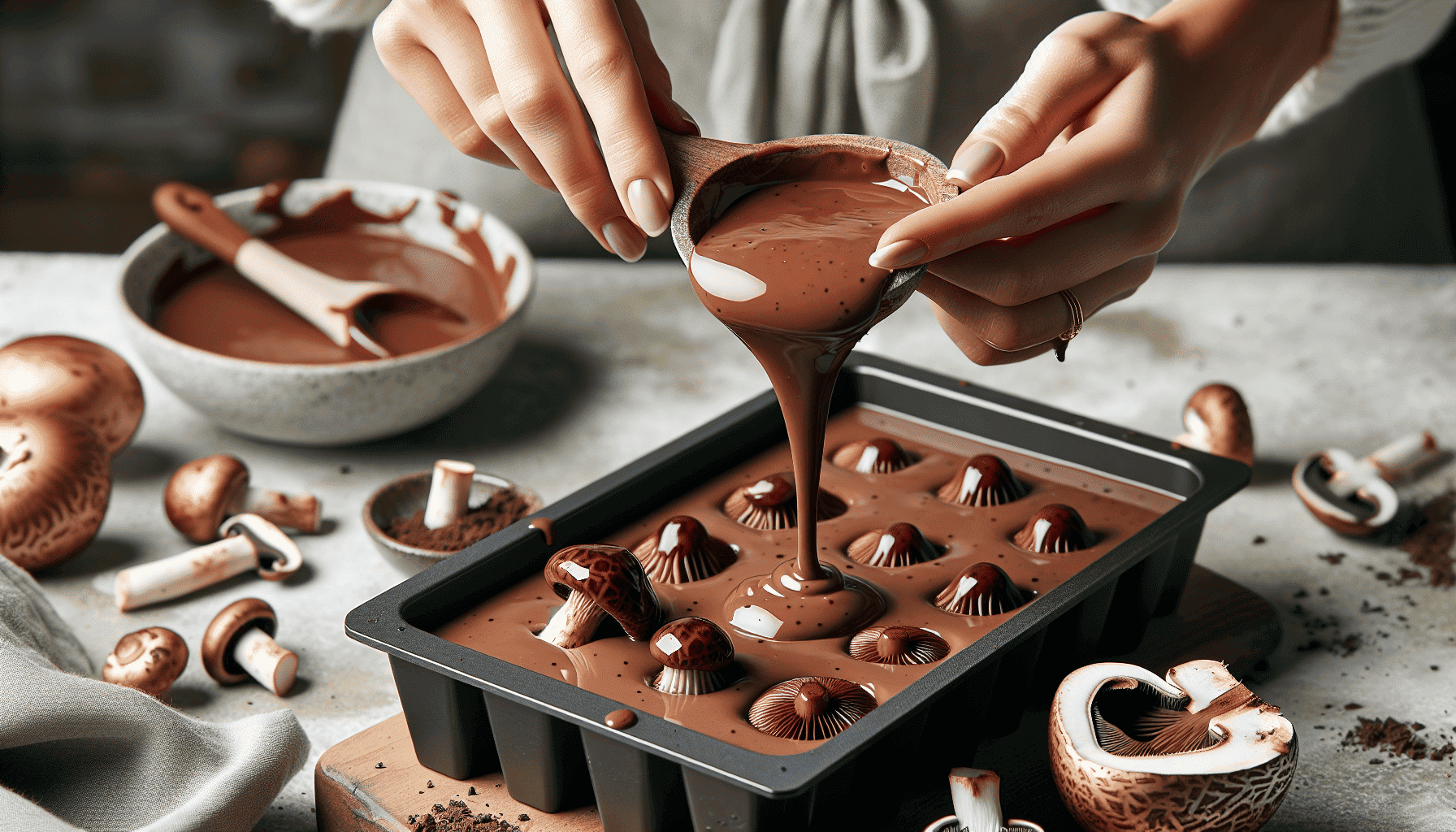 Crafting process of mushroom-infused chocolates, magic mushroom chocolate