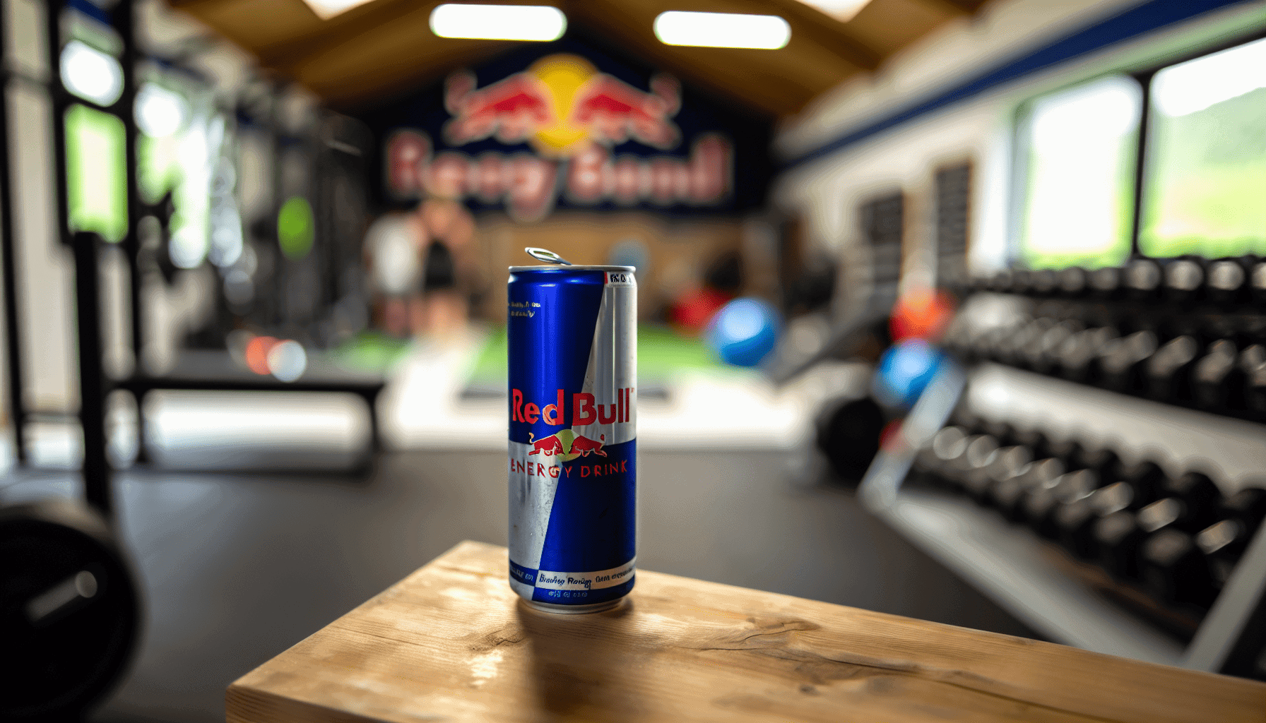 A can of Red Bull energy drink with blurred background of a gym setting